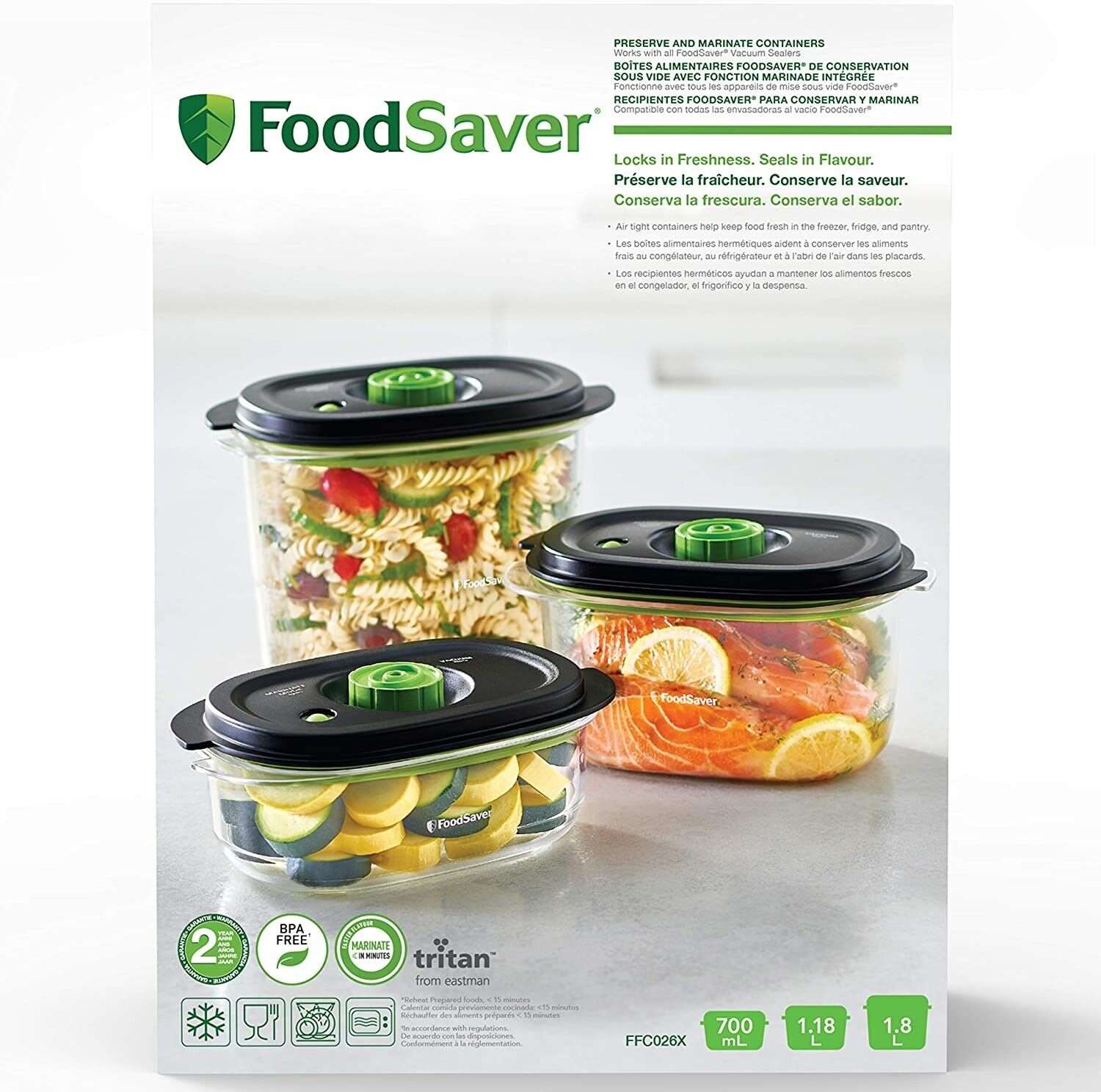 FoodSaver Preserve & Marinate Vacuum Containers | 700 ml, 1.2 L & 1.8 L | Airtig