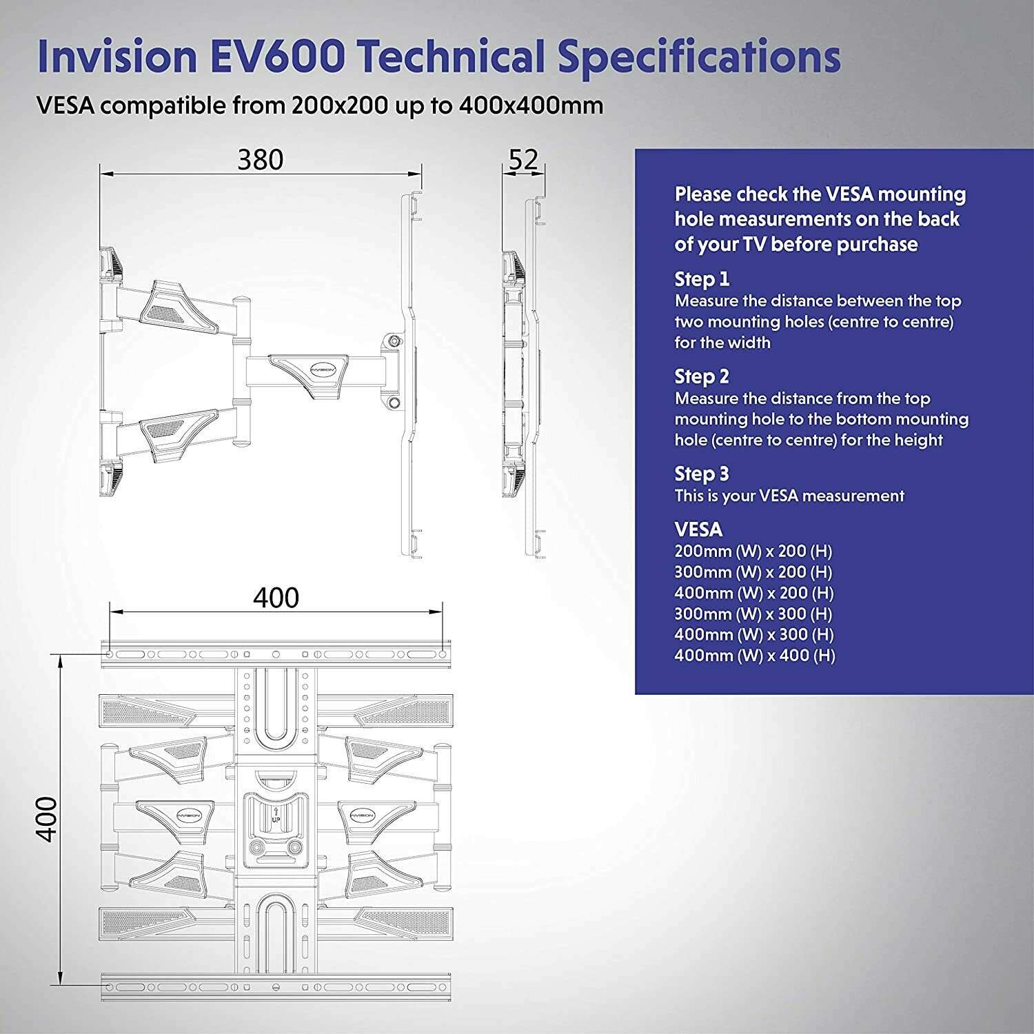 Invision EV600 TV Wall Mount Bracket for 37-65 inch TVs VESA 200x200mm to 400x400mm Weight Capacity 45.5KG