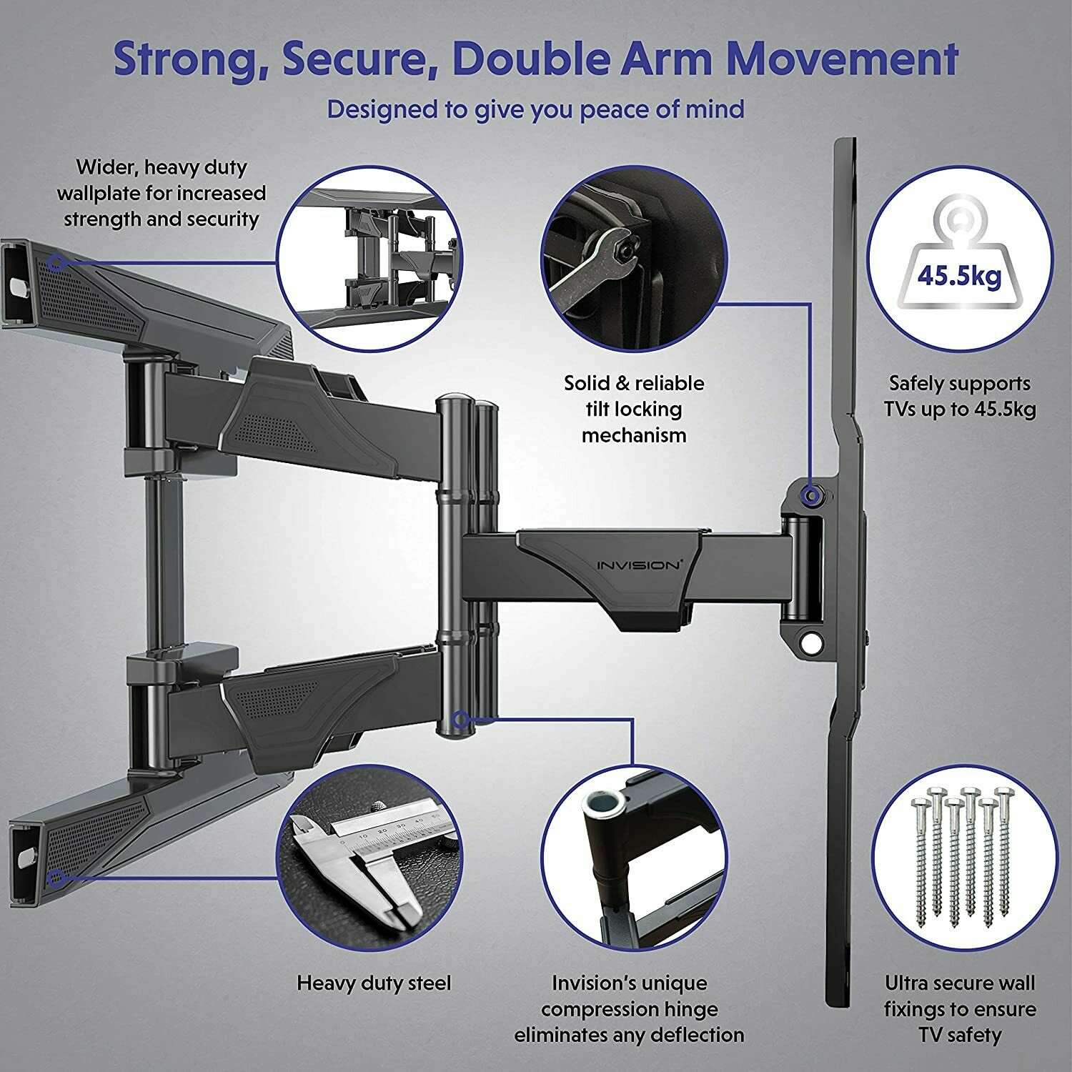 Invision EV600 TV Wall Mount Bracket for 37-65 inch TVs VESA 200x200mm to 400x400mm Weight Capacity 45.5KG